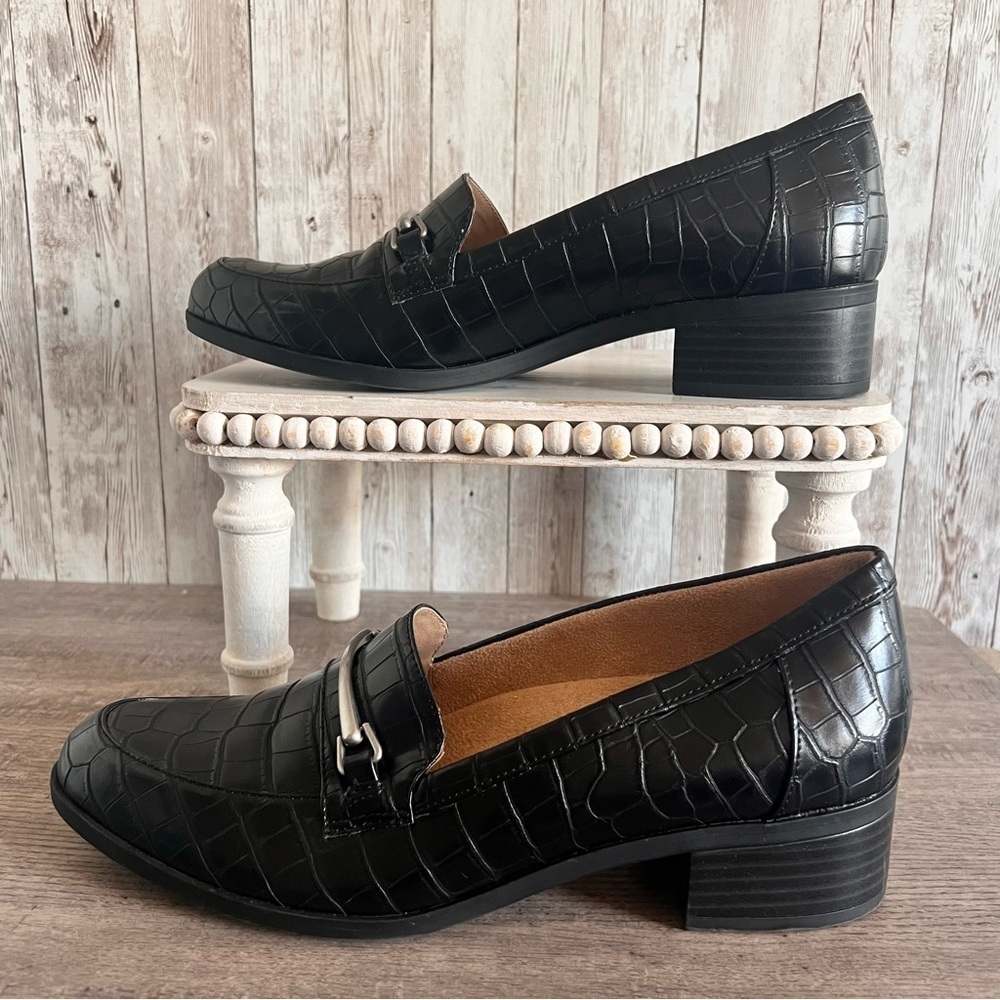 Naturalizer Soul Women’s Loafers Alligator Pattern Horsebit Buckle Black Size 9